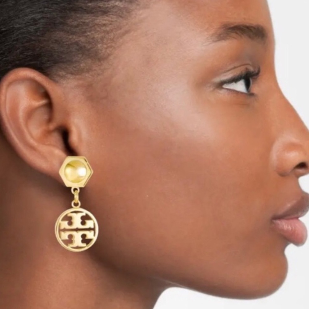 Authentic Tory Burch Hexagon Circle Logo Earrings